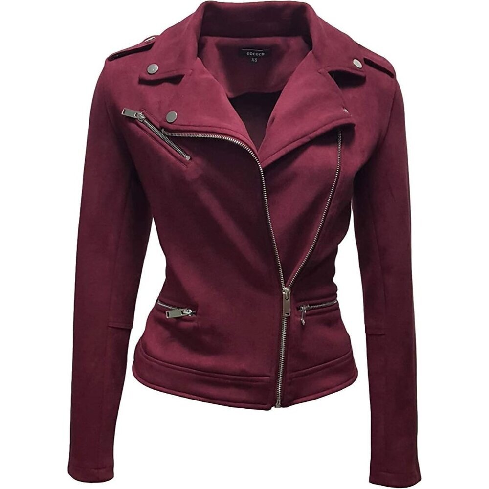 Women's Faux Suede Jacket Long Sleeves Zipper Up Casual Outwear Burgundy